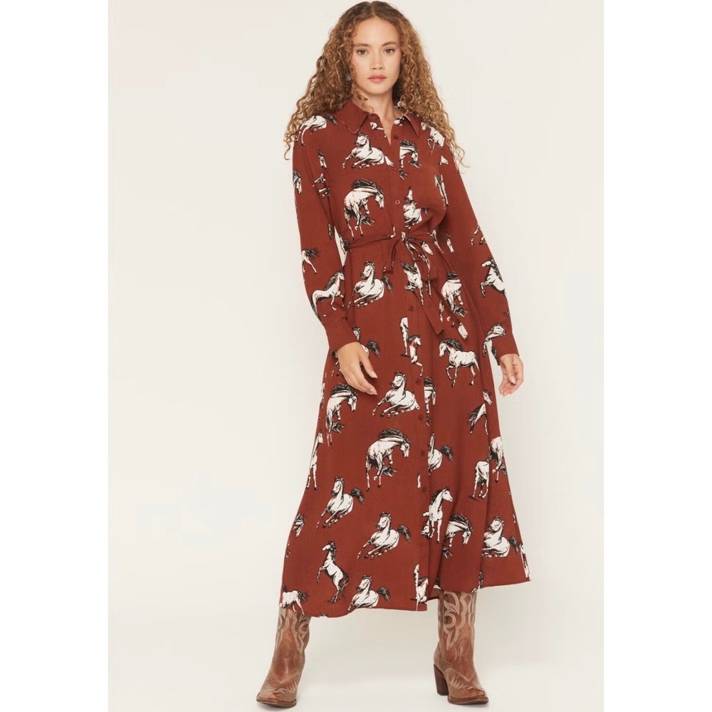 Cotton & Rye Horse Print Shirt Dress Womens Large Rust Brown NWT Western Midi